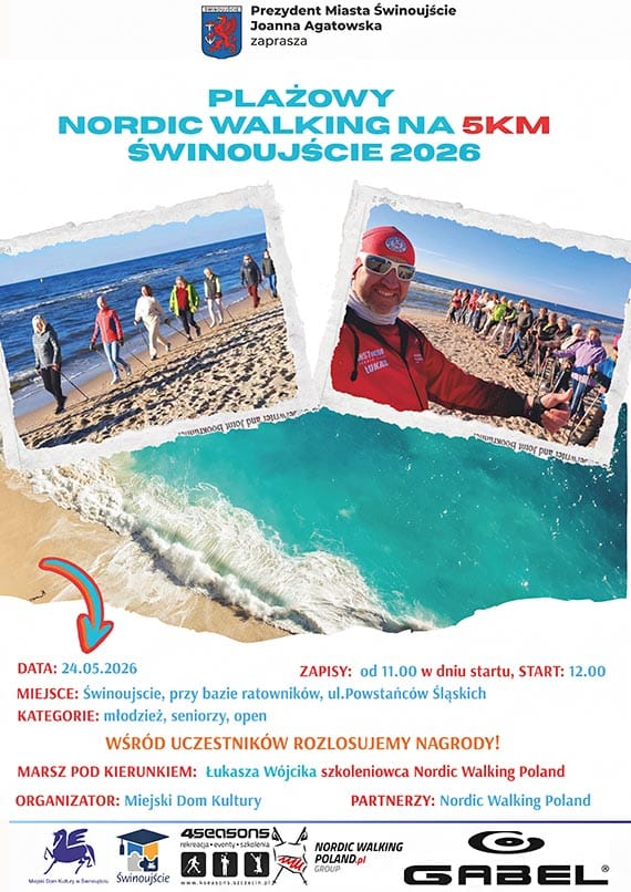 Plażowy Nordic Walking na 5km – 24 maja 2026 rok plaża wejście obok bazy ratowników ul. Powstańców Śląskich, start godz. 12.00